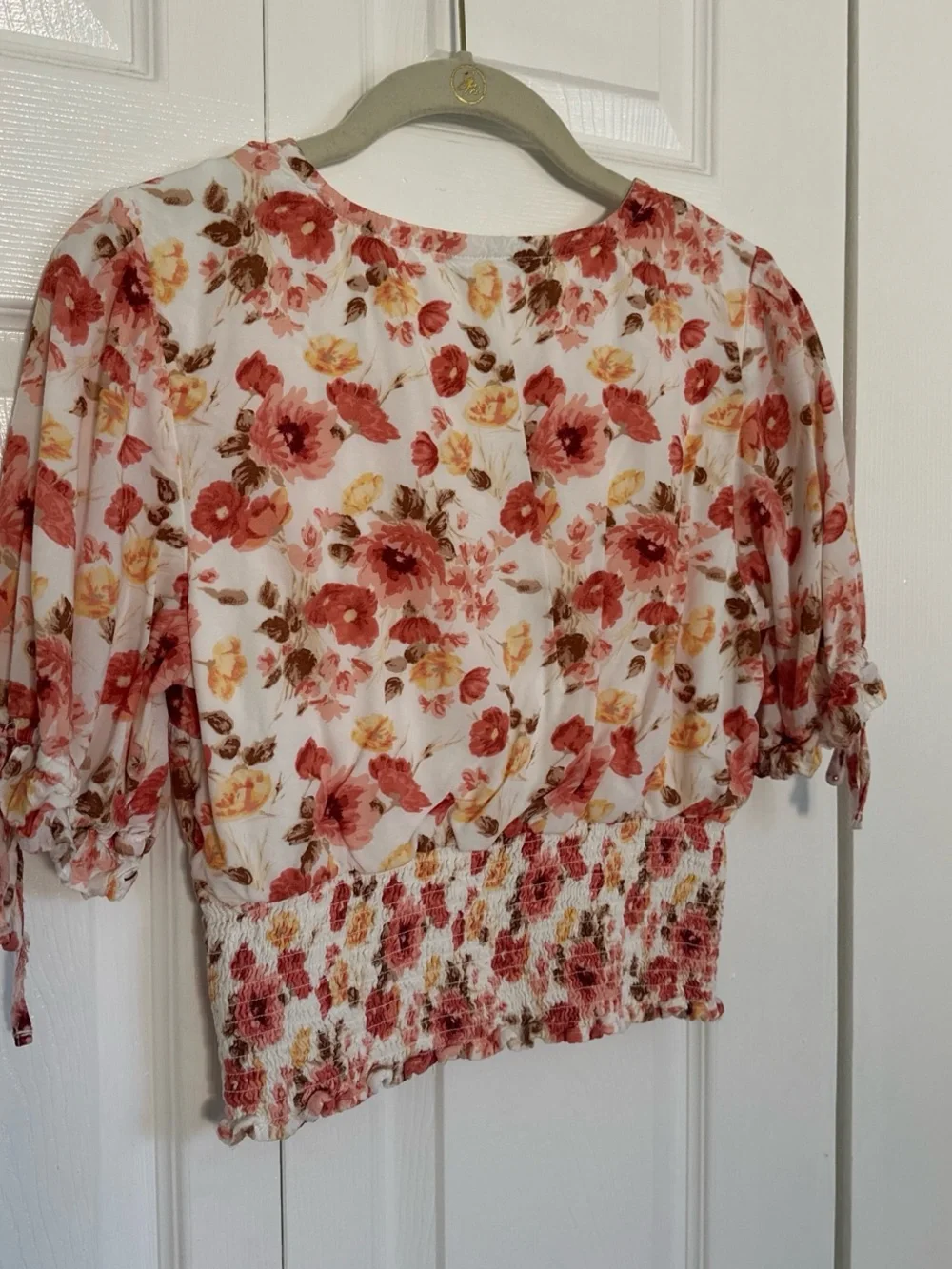 Floral Smocked Waist Women's Top - White Floral